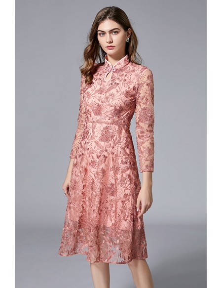 L-5XL Pink Embroidered Aline Party Dress With Collar Long Sleeves