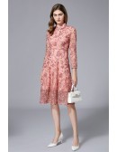 L-5XL Pink Embroidered Aline Party Dress With Collar Long Sleeves