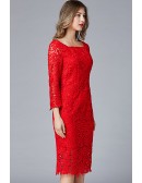 L-5XL Elegant Square Neck Sheath Red Lace Party Dress With Long Sleeves