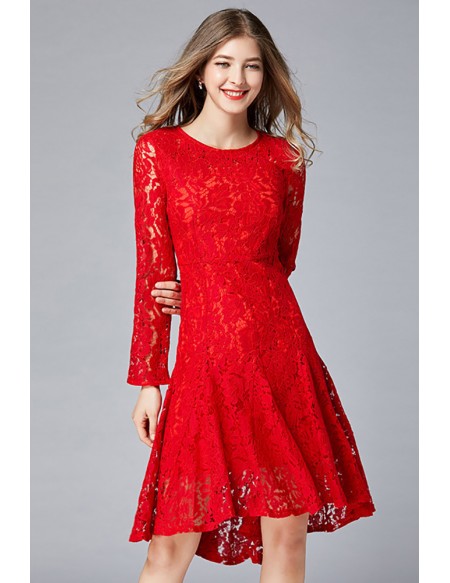 L-5XL Red Lace High Low Party Dress With Long Sleeves