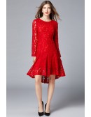 L-5XL Red Lace High Low Party Dress With Long Sleeves