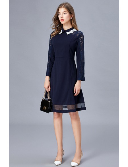 L-5XL Navy Blue Long Sleeved Aline Dress With Lace Collar