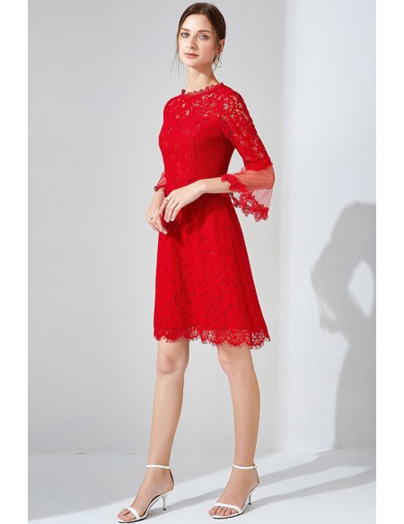 L-5XL Little Red Lace Party Dress With Flare Sleeves