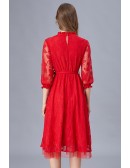 L-5XL Casual Red Lace Aline Dress With Sash