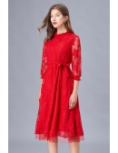 L-5XL Casual Red Lace Aline Dress With Sash
