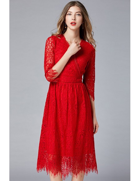 L-5XL Vneck Little Red Lace Party Dress With Half Sleeves