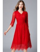 L-5XL Vneck Little Red Lace Party Dress With Half Sleeves