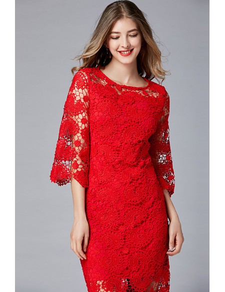 L-5XL Sexy Red Lace Hollow Out Party Dress With Loose Sleeves