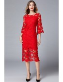 L-5XL Sexy Red Lace Hollow Out Party Dress With Loose Sleeves