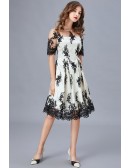 L-5XL Illusion Neckline Short Sleeved Party Dress With Black Lace