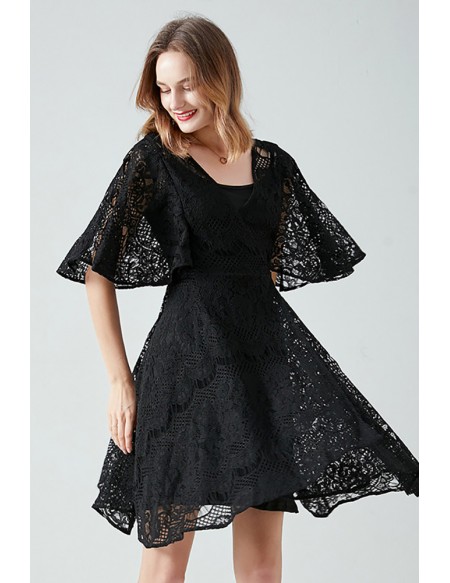 L-5XL Vneck Black Aline Lace Short Dress With Puffy Sleeves