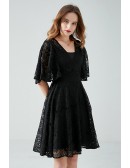 L-5XL Vneck Black Aline Lace Short Dress With Puffy Sleeves