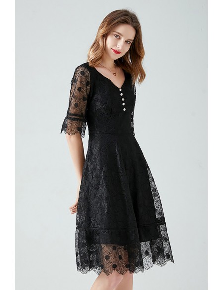 L-5XL Black Lace Vneck Plus Size Dress With Puffy Sleeves