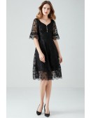 L-5XL Black Lace Vneck Plus Size Dress With Puffy Sleeves