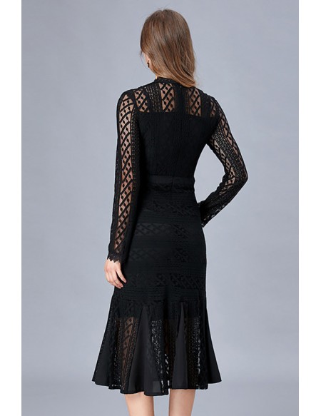 L-5XL Hollow Out Black Lace Dress With Long Sleeves