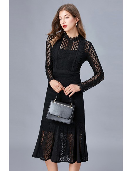 L-5XL Hollow Out Black Lace Dress With Long Sleeves