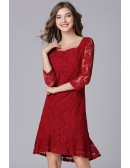 L-5XL Burgundy Lace Hi-lo Party Dress Square Neck With Sleeves