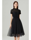 L-5XL Retro Little Black Pleated Tulle Dress With Lace High Neck