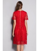 L-5XL Red Lace Aline Party Dress With Short Sleeves