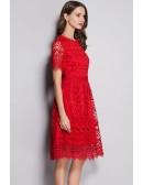 L-5XL Red Lace Aline Party Dress With Short Sleeves