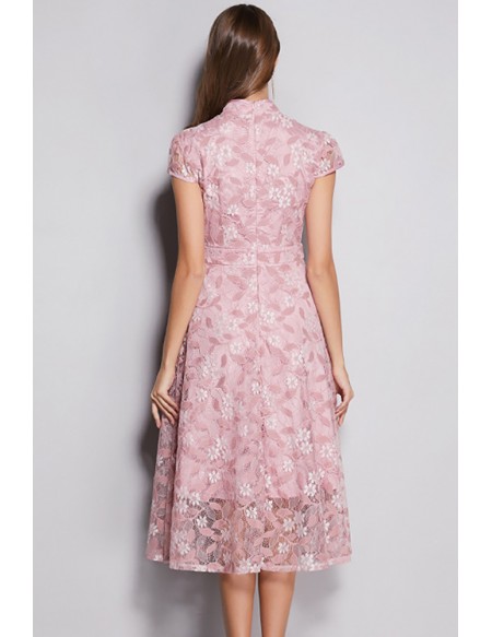 L-5XL Pink Lace Flowers Modest Tea Length Party Dress