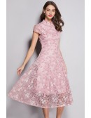 L-5XL Pink Lace Flowers Modest Tea Length Party Dress