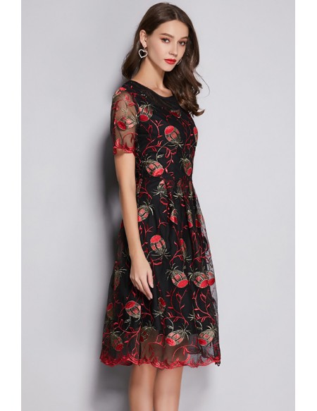 L-5XL Women Embroidered Aline Wedding Guest Dress With Short Sleeves