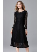 L-5XL Modest Black Lace Long Sleeved Dress For Women