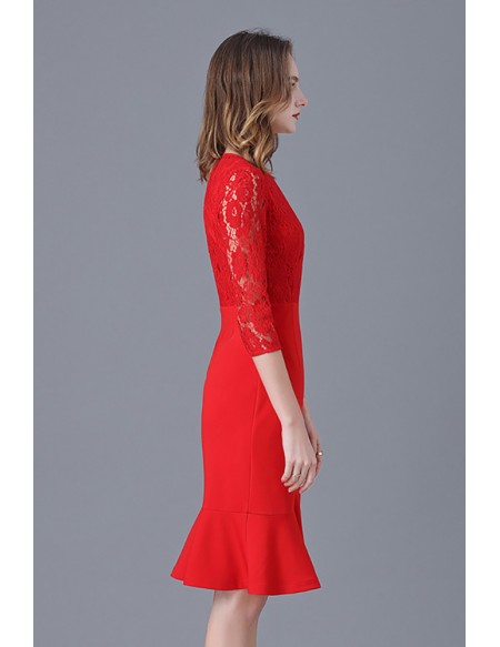 L-5XL Fishtail Red Lace Party Dress With Lace Sleeves