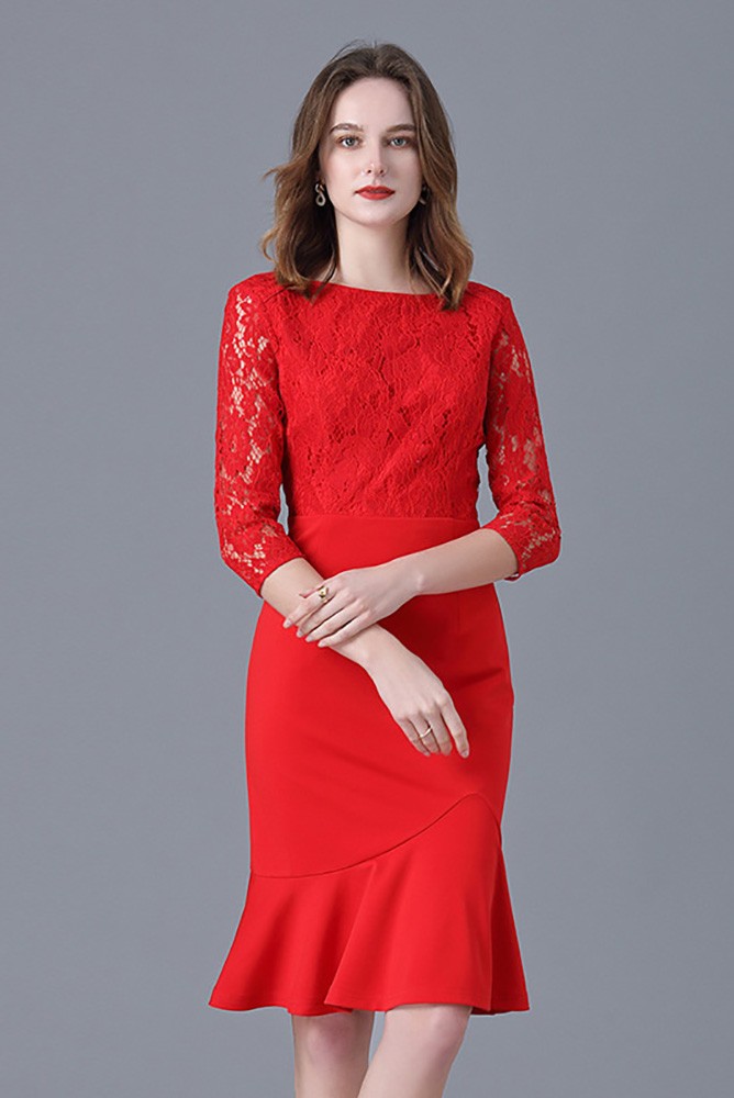 L-5XL Fishtail Red Lace Party Dress With Lace Sleeves #ZTY106 ...