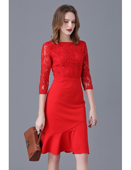 L-5XL Fishtail Red Lace Party Dress With Lace Sleeves