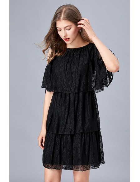 L-5XL Little Black Lace Cold Shoulder Summer Dress