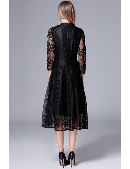 L-5XL Black Lace Vneck Midi Party Dress With Sheer Sleeves