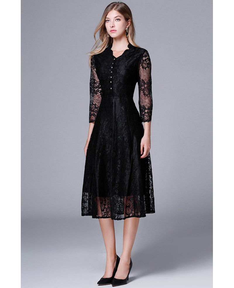 L-5XL Black Lace Vneck Midi Party Dress With Sheer Sleeves #ZTY136 ...
