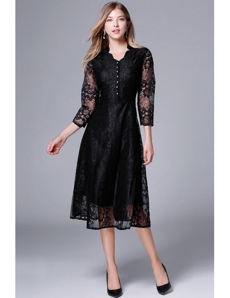L-5XL Black Lace Vneck Midi Party Dress With Sheer Sleeves