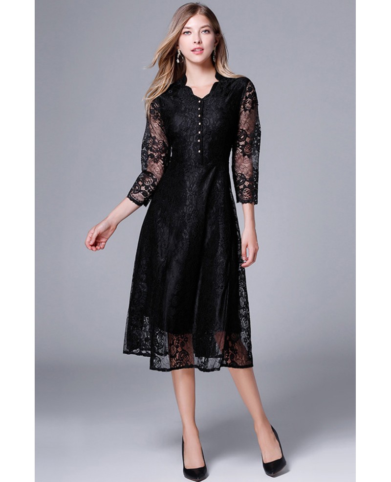 L-5XL Black Lace Vneck Midi Party Dress With Sheer Sleeves #ZTY136 ...