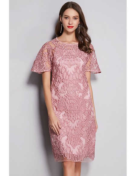 L-5XL Pink Embroidered Wedding Guest Dress With Short Sleeves