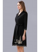 L-5XL Black Vneck Embroidered Short Dress With Sash