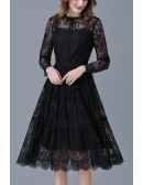 L-5XL Retro Little Black Lace Dress with Sheer Sleeves