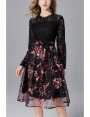 L-5XL Pretty Aline Black Lace Flowers Party Dress with Long Sleeves
