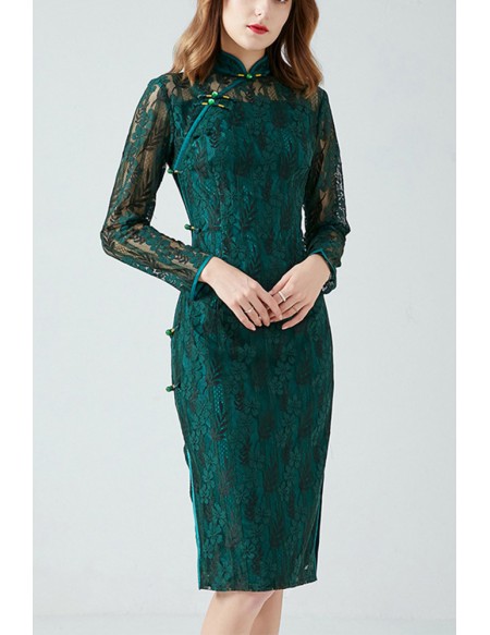 L-5XL Green Lace Chipao Style Party Dress with Long Sleeves