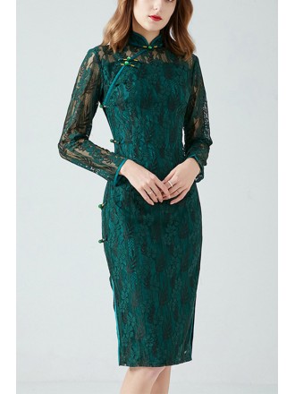 L-5XL Green Lace Chipao Style Party Dress with Long Sleeves