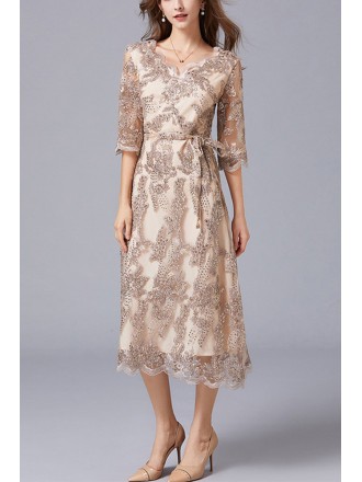 L-5XL Embroidered Tea Length Wedding Guest Dress with Half Sleeves