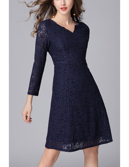 L-5XL Comfy Navy Blue Lace Wedding Guest Dress with Long Sleeves