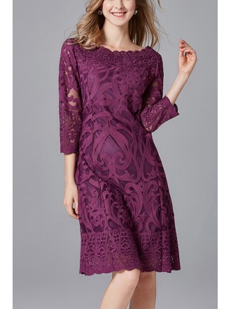 L-5XL Classy Women Purple Embroidered Party Dress with Sleeves