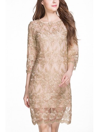 L-5XL Women Champagne Embroidered Wedding Guest Dress with Sleeves