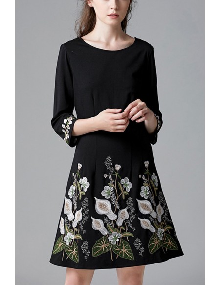 L-5XL Modest Aline Black Dress with Embroidery