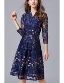 L-5XL Blue Embroidered Aline Wedding Guest Dress with Sheer Sleeves