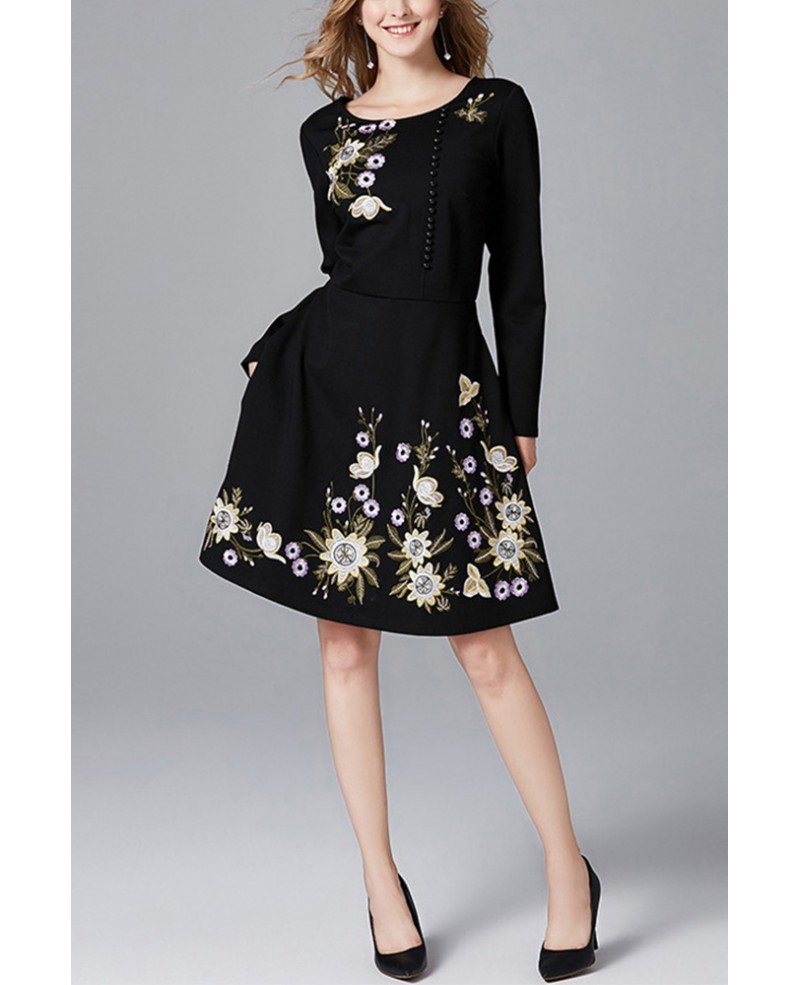 L-5XL Aline Embroidered Flowers Aline Dress with Long Sleeves #ZTY019 ...