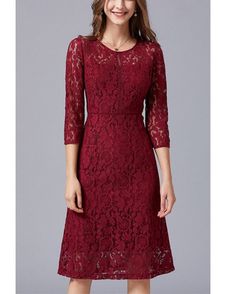 L-5XL Burgundy Lace Wedding Party Dress with Sleeves